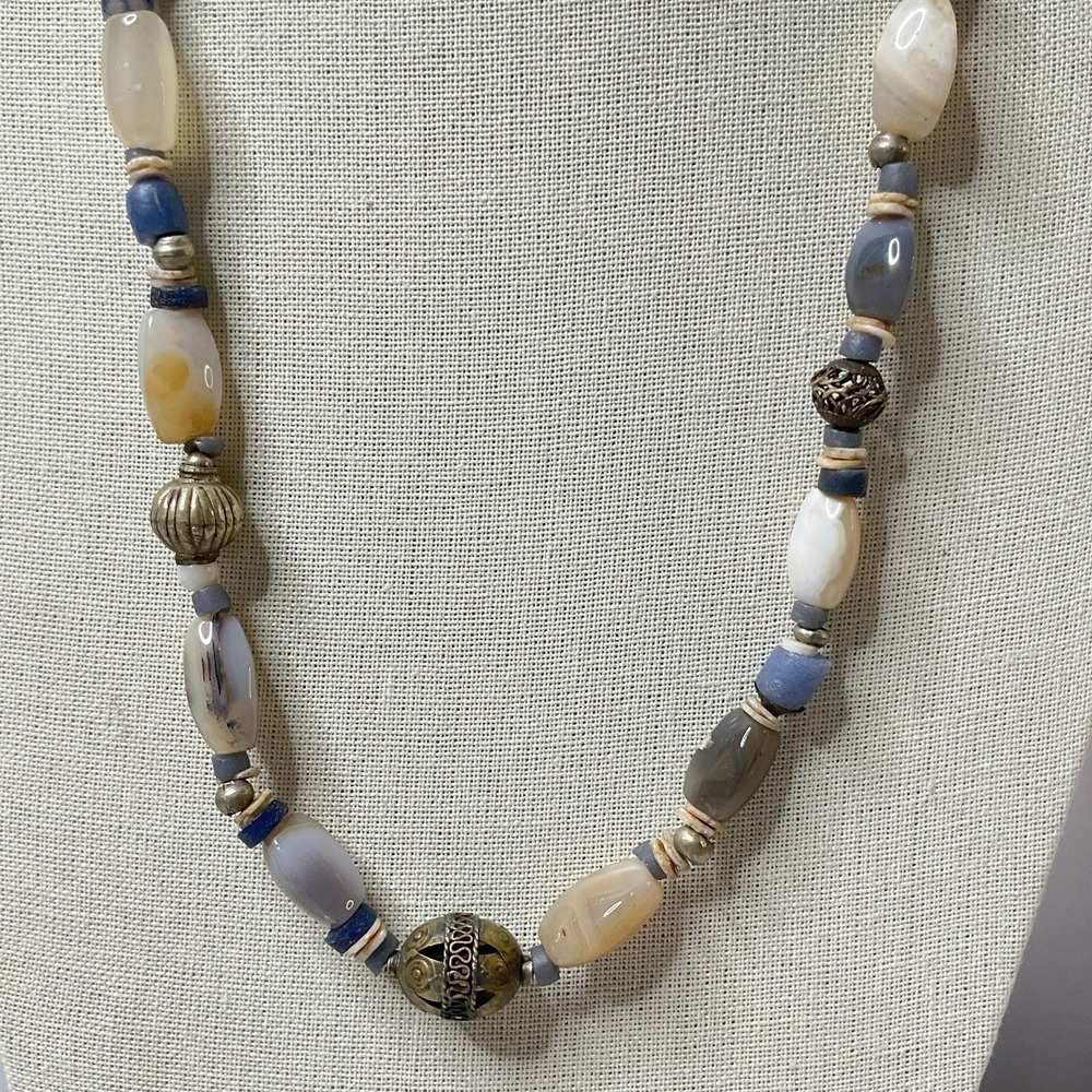 Beggars Beads Style Trade Bead Necklace Agate Glass Brass 28" Boho Hippie